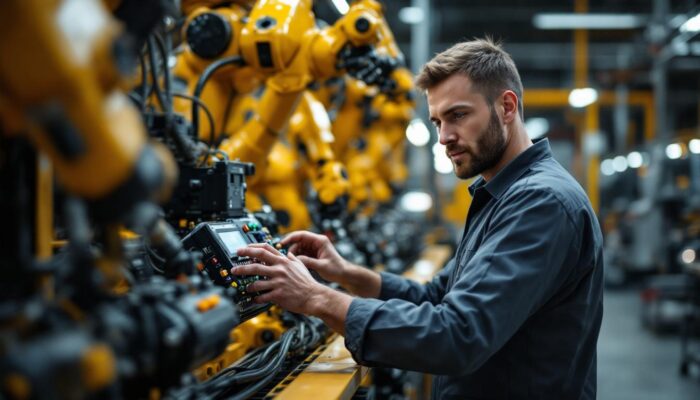 A photograph of a skilled electrical engineer working on an industrial robotic system in a modern manufacturing facility