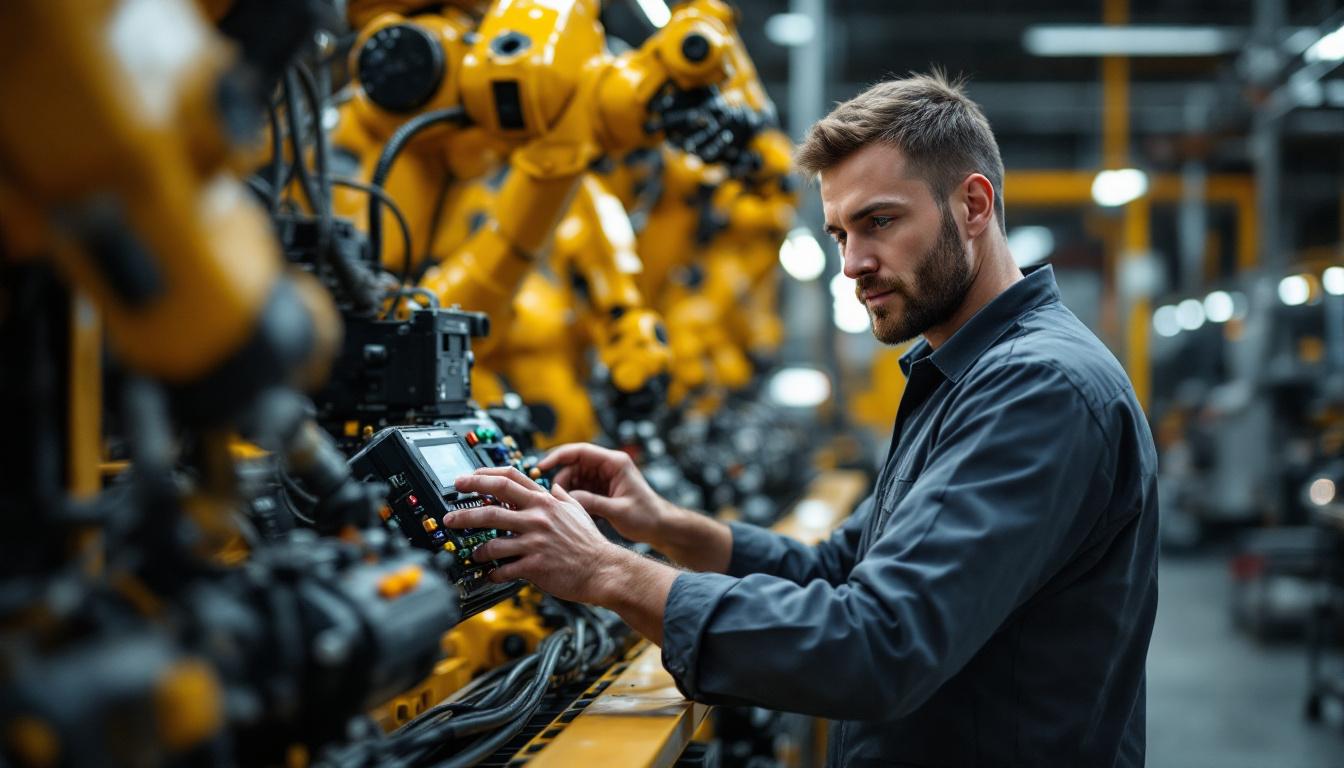A photograph of a skilled electrical engineer working on an industrial robotic system in a modern manufacturing facility