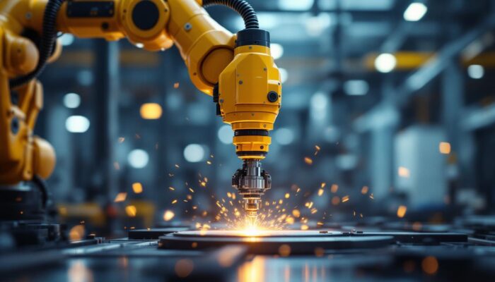 A photograph of a skilled laser technician operating an industrial robotic arm in a high-tech manufacturing environment