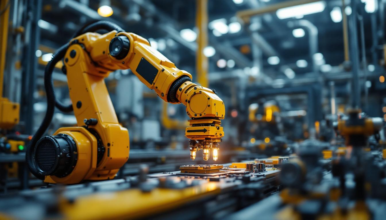 A photograph of a dynamic industrial setting showcasing a robotic arm in action