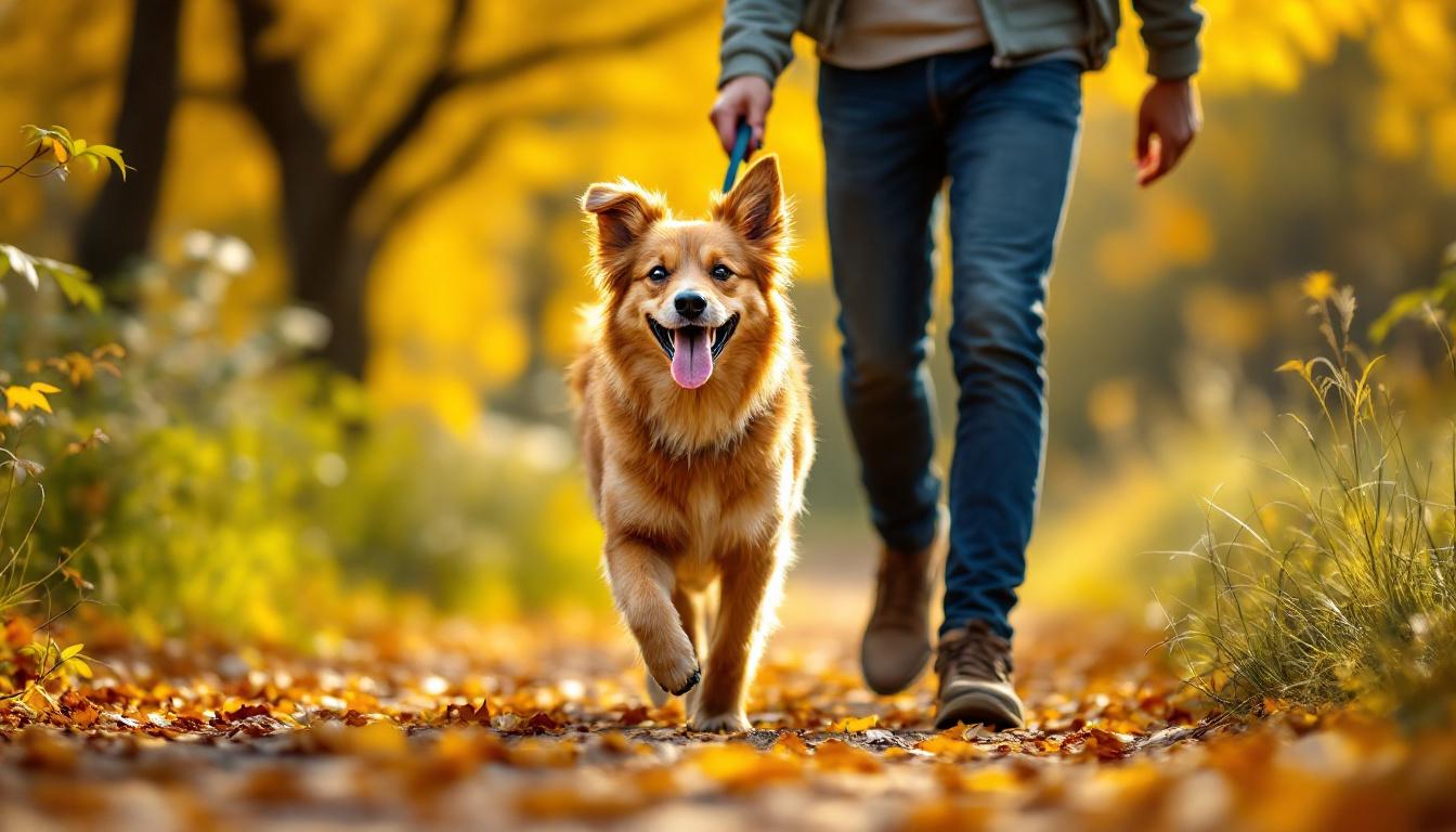 A photograph of a joyful dog walking alongside its owner in a vibrant outdoor setting