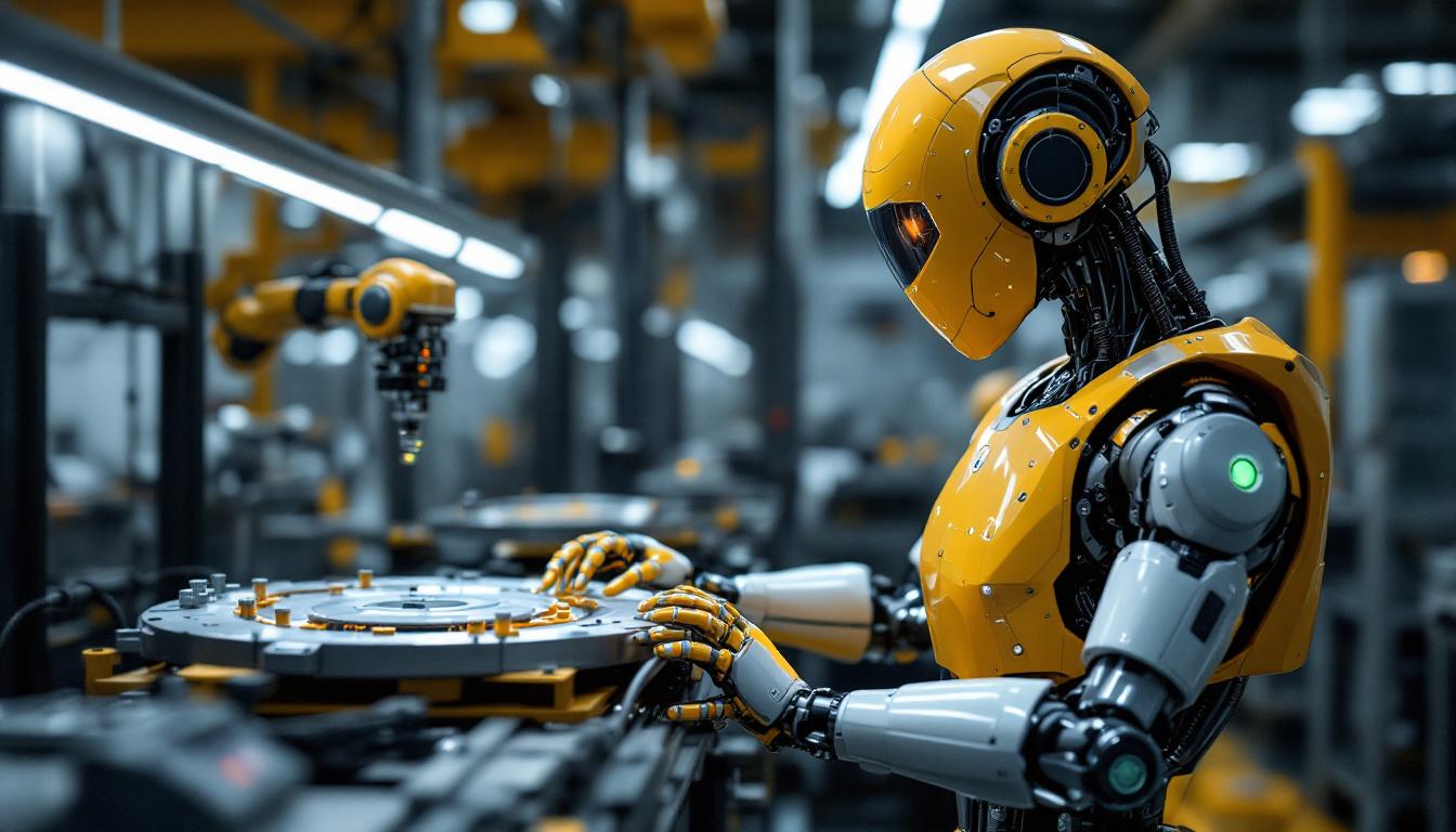 A photograph of a modern industrial robot in action within a manufacturing setting