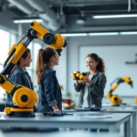 A photograph of capture a photograph of a modern classroom setting where students are actively engaging with industrial robotic technology