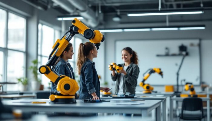 A photograph of capture a photograph of a modern classroom setting where students are actively engaging with industrial robotic technology