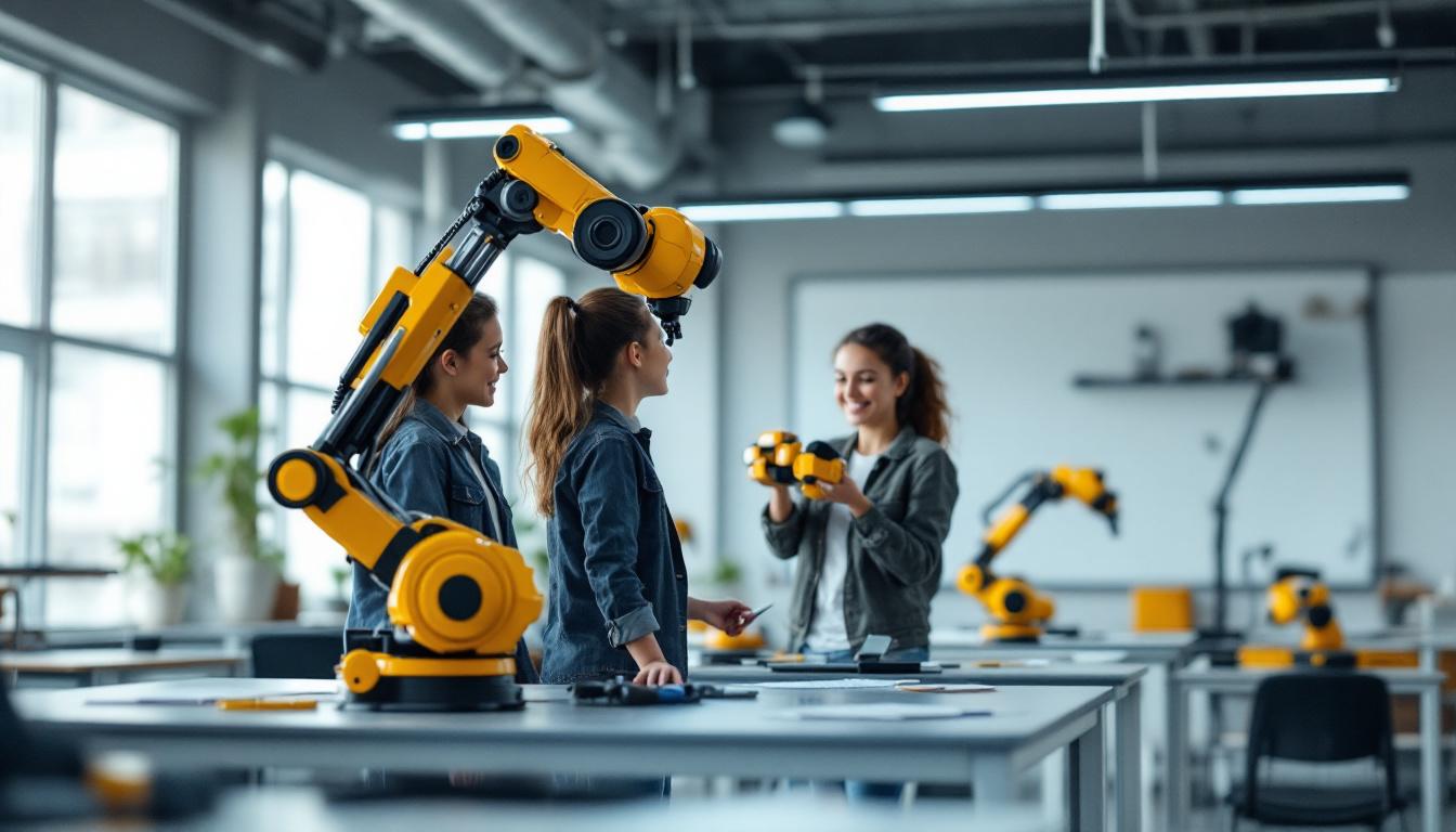 A photograph of capture a photograph of a modern classroom setting where students are actively engaging with industrial robotic technology