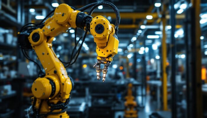 A photograph of a dynamic industrial robot in action within a boston manufacturing facility