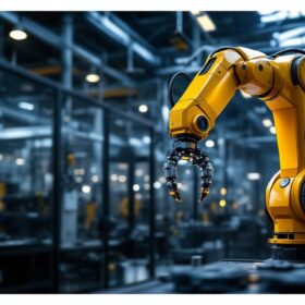 A photograph of a sleek industrial robotic arm in action within a modern manufacturing facility