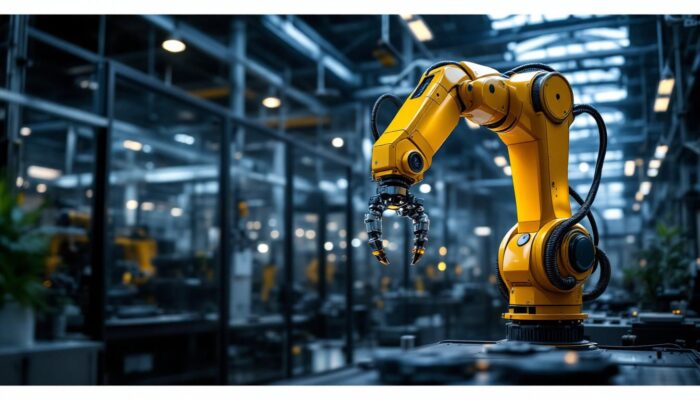 A photograph of a sleek industrial robotic arm in action within a modern manufacturing facility