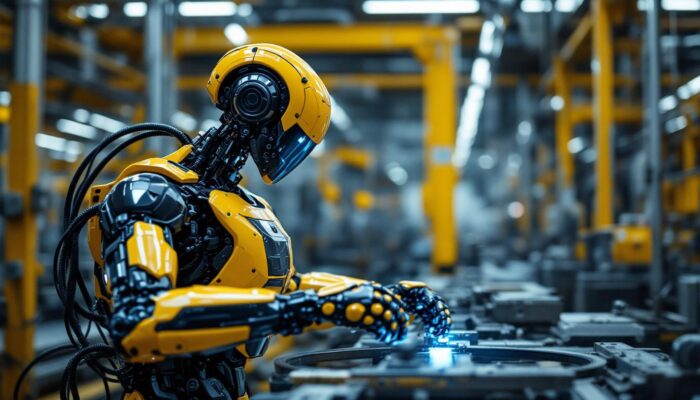 A photograph of capture a photograph of a sleek industrial robot in action within a modern manufacturing environment