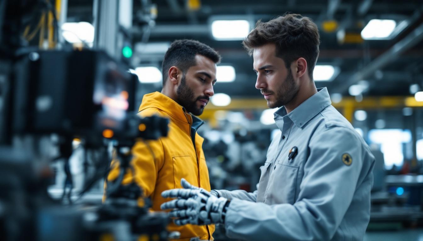 A photograph of a skilled technician programming or operating an industrial robot in a modern factory setting