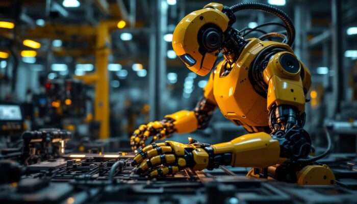 A photograph of a dynamic industrial robot in action
