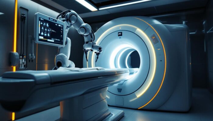 A photograph of a high-resolution image of a pet scan machine in a clinical setting