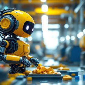A photograph of a playful and friendly-looking industrial robot in a vibrant