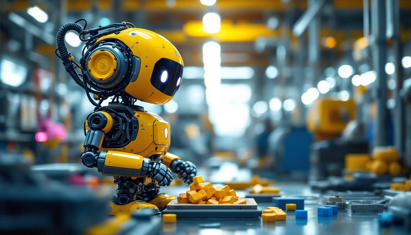 A photograph of a playful and friendly-looking industrial robot in a vibrant