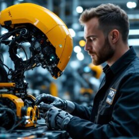 A photograph of a skilled electrical engineer working on an industrial robot