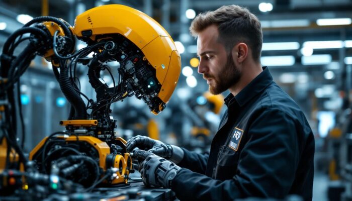 A photograph of a skilled electrical engineer working on an industrial robot