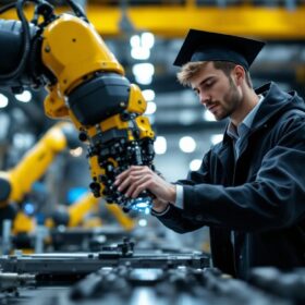 A photograph of a recent graduate in a modern industrial setting