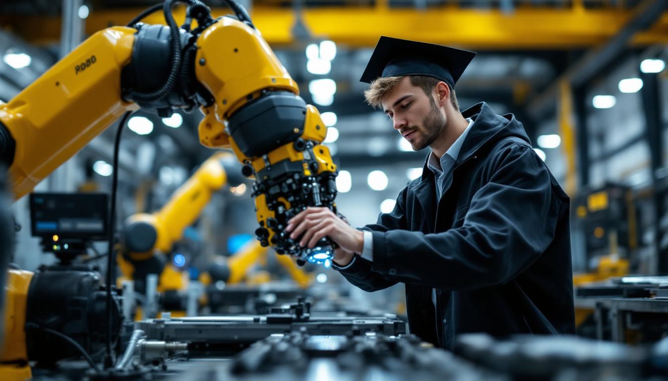 A photograph of a recent graduate in a modern industrial setting