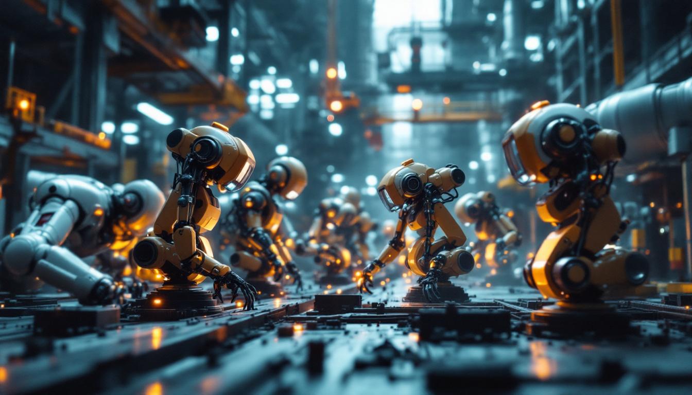 A photograph of a dynamic construction site showcasing various industrial robots in action