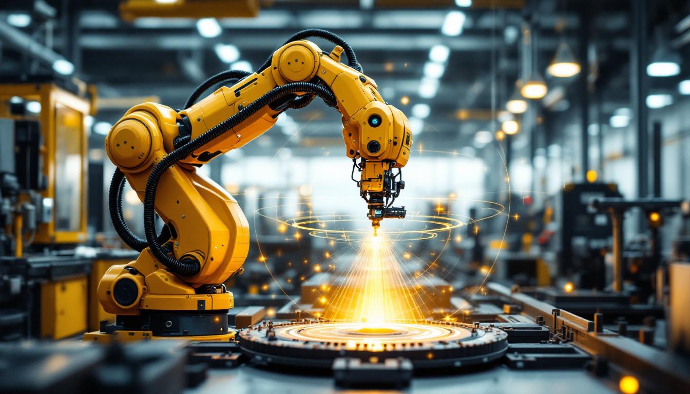 A photograph of a high-tech industrial robot performing an orbital scan in a modern manufacturing environment