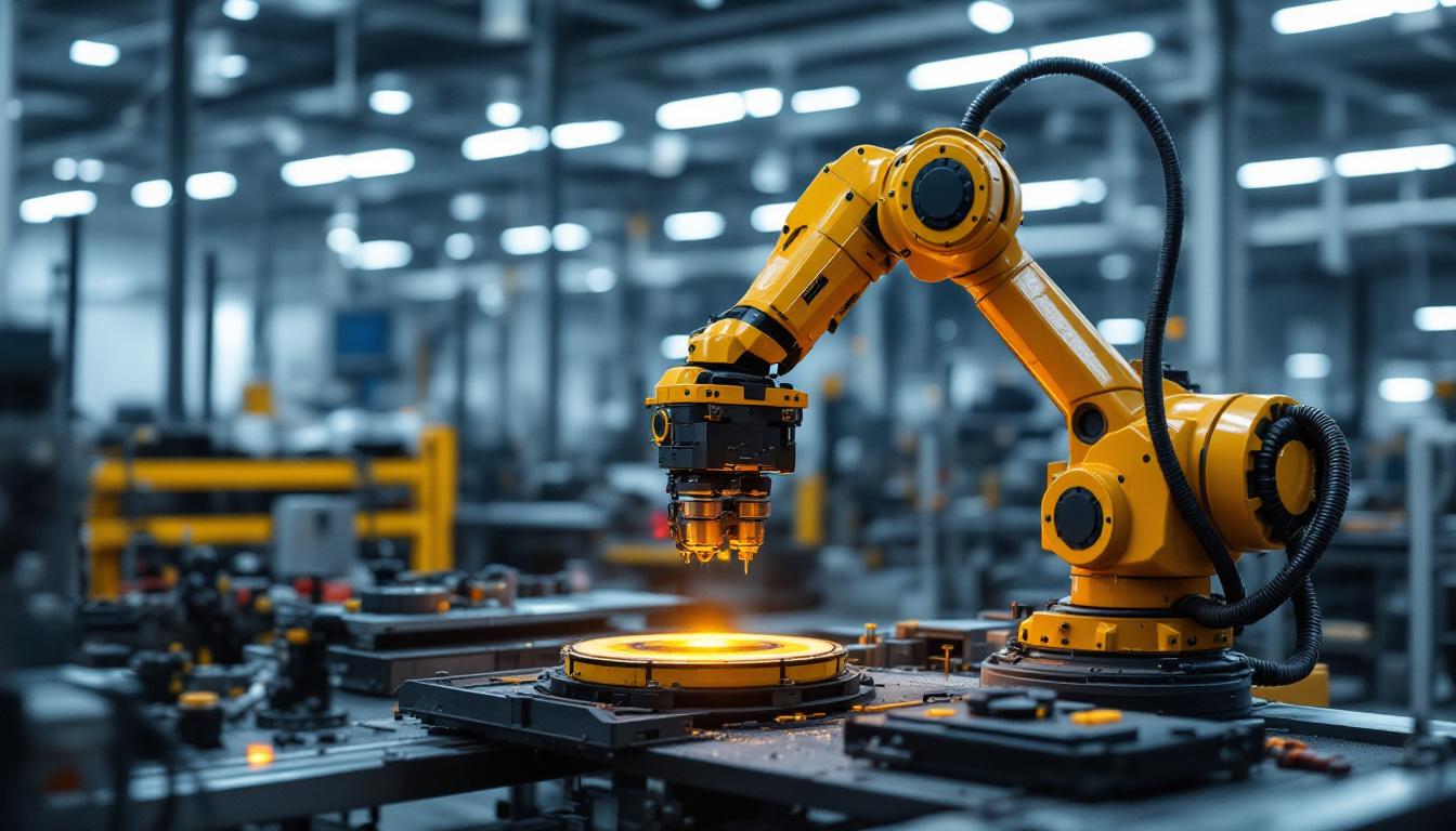 A photograph of a sleek industrial robotic arm in action within a modern manufacturing environment
