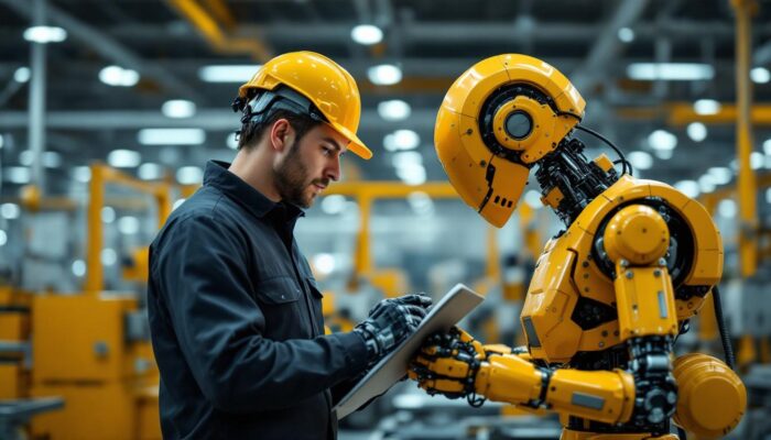 A photograph of a skilled mechanical engineer working alongside an industrial robot in a modern manufacturing facility