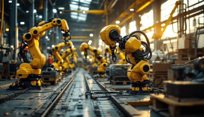 A photograph of a dynamic scene featuring industrial robots in action at a portland manufacturing facility