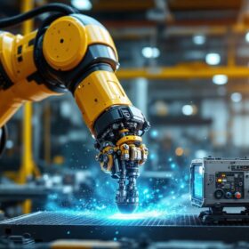 A photograph of a modern industrial robot in action