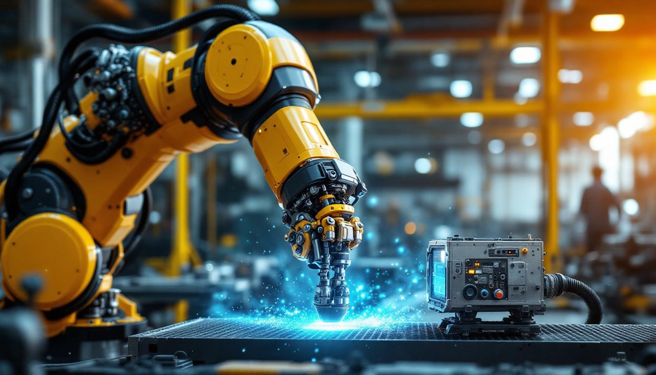 A photograph of a modern industrial robot in action