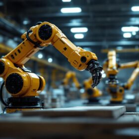 A photograph of a sleek industrial robotic arm in action