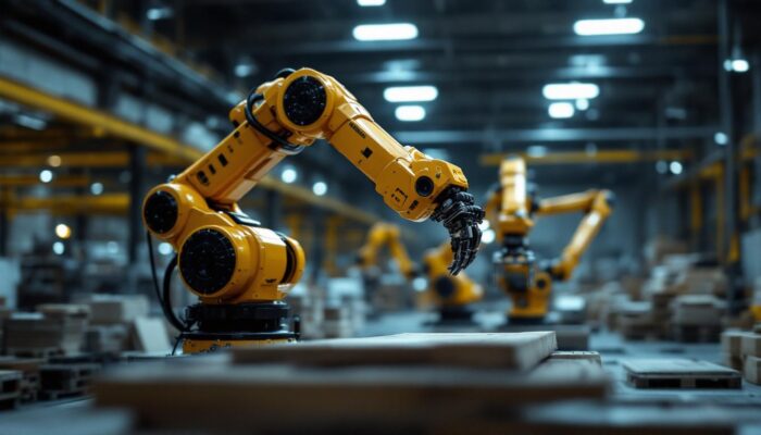 A photograph of a sleek industrial robotic arm in action