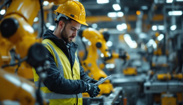 A photograph of a skilled principal mechanical engineer working alongside advanced industrial robots in a modern manufacturing setting