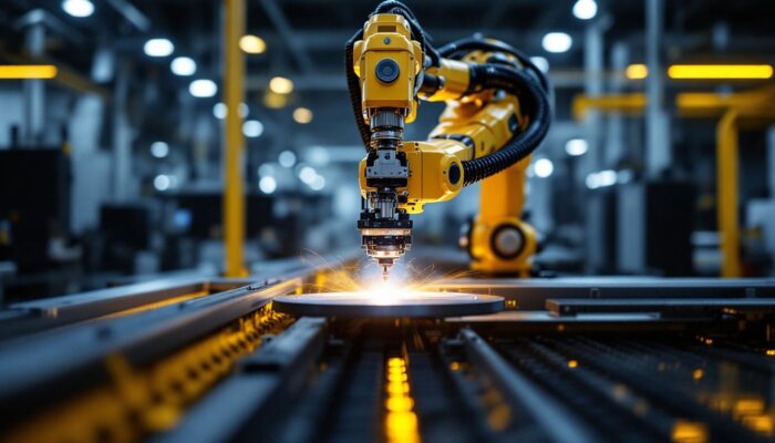 A photograph of a sleek industrial robotic arm in action at lux laser labs