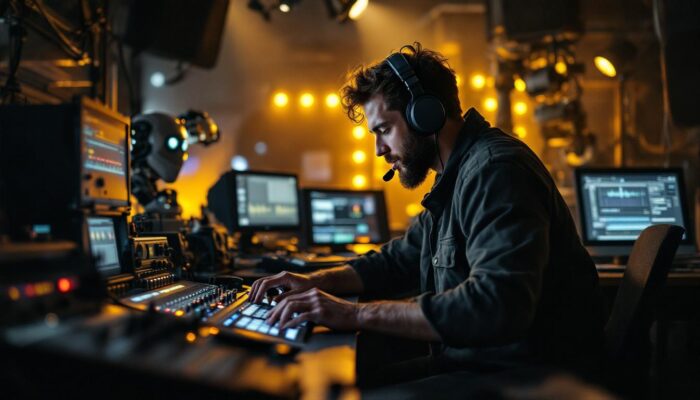 A photograph of a live sound technician working in a dynamic environment