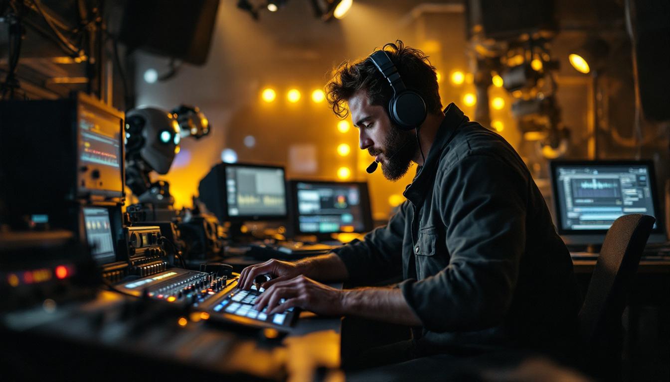 A photograph of a live sound technician working in a dynamic environment