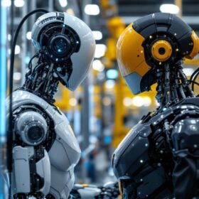 A photograph of a sleek industrial robot in action within a modern manufacturing environment