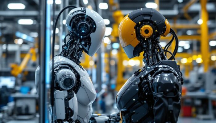 A photograph of a sleek industrial robot in action within a modern manufacturing environment