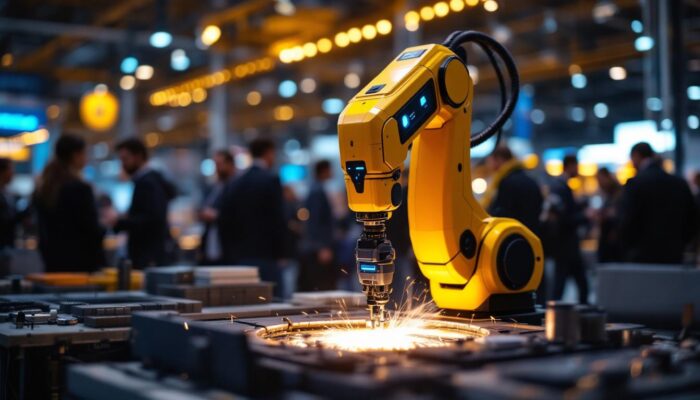 A photograph of a dynamic industrial robot in action at the trade show