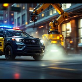 A photograph of a police explorer vehicle in action