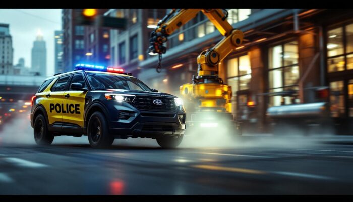 A photograph of a police explorer vehicle in action