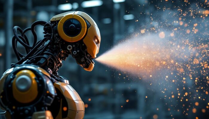 A photograph of a dynamic industrial robot in action