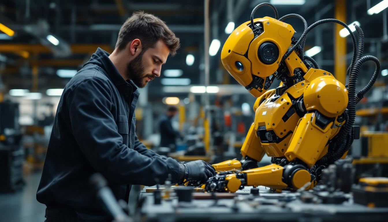 A photograph of a skilled engineer assembling an industrial robot in a modern workshop