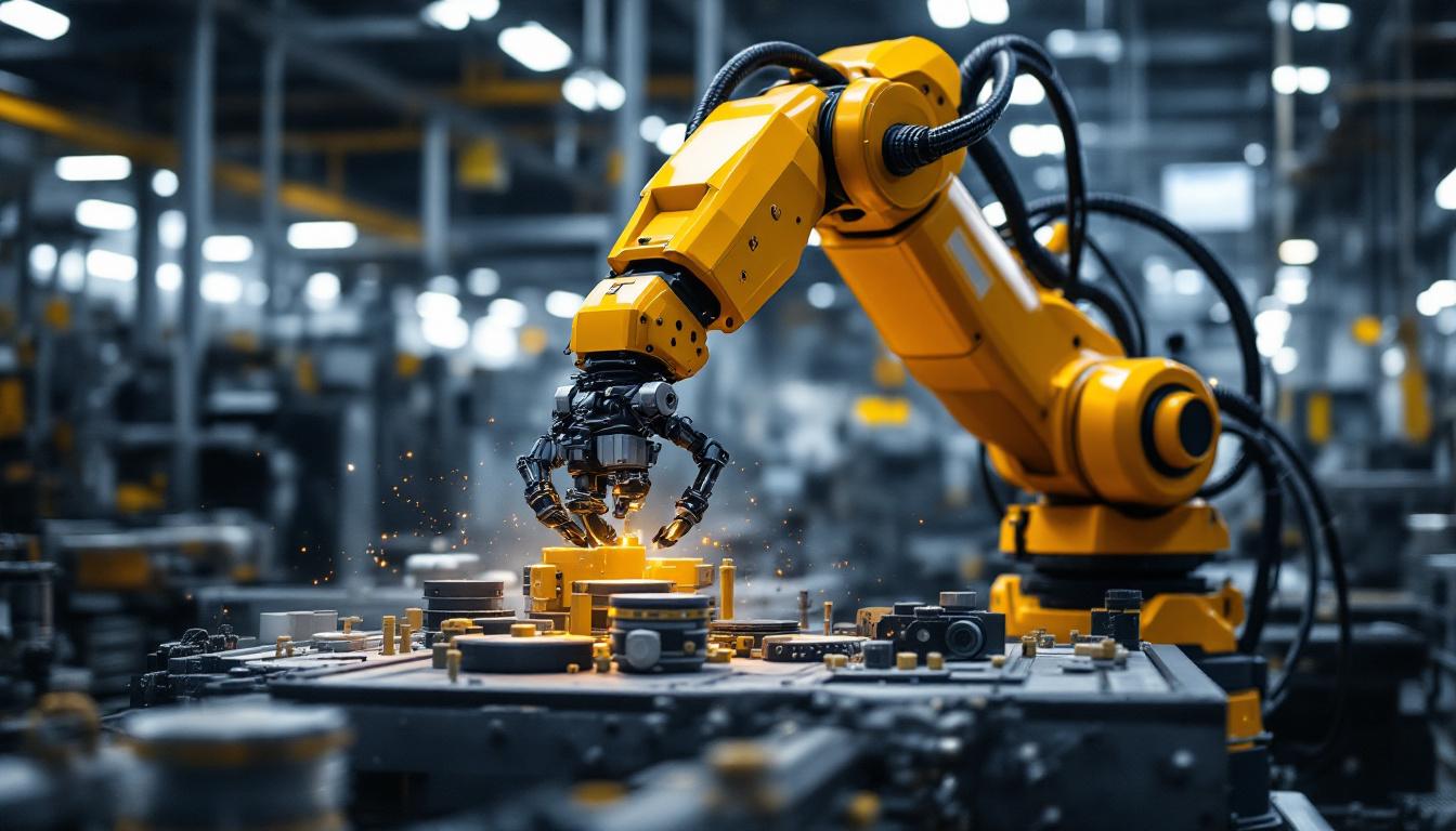 A photograph of a dynamic industrial robotic arm in action within a manufacturing environment