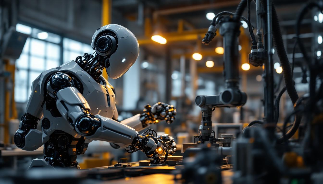 A photograph of a modern industrial robot in action within a manufacturing setting