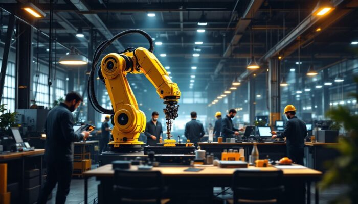 A photograph of a modern industrial workspace featuring a robotic arm in action