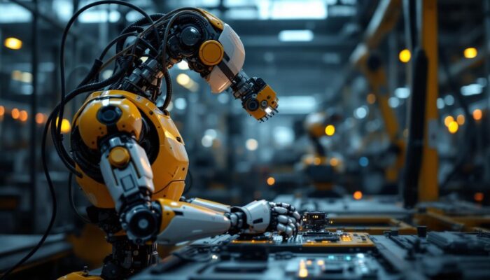 A photograph of a sleek industrial robot in action