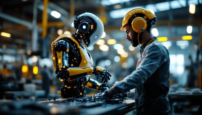 A photograph of a sleek industrial robot in action