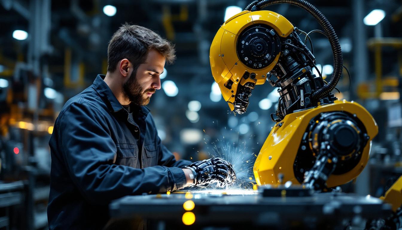 A photograph of a dynamic interaction between a human worker and an industrial robot in a manufacturing environment