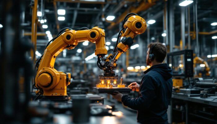 A photograph of a dynamic industrial setting featuring a general dynamics robotic arm in action