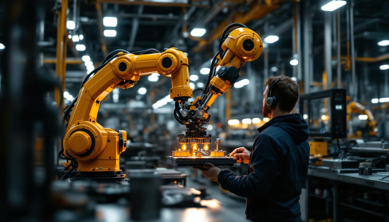 A photograph of a dynamic industrial setting featuring a general dynamics robotic arm in action